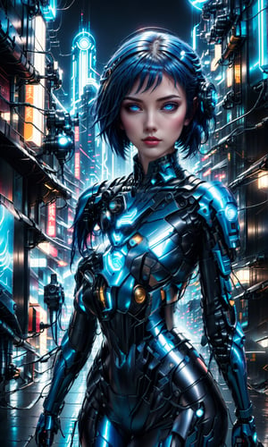 Ghost in the Shell style, image of a Sci-Fi Mecha girl, supermodel, blue short hair, detailed blue eyes , wearing high-tech cyberpunk style blue and black mecha body, radiant Glow, metallic suit, mecha, high-tech suit with weapons, neon lit futuristic city streets, mecha,exosuit,more detail XL,Mechanical part