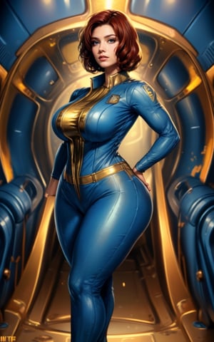 (masterpiece, best quality, realistic), full body, wide shot, 1girl, (Fallout 4 Vault girl), vault tec, sexy girl, beautiful, long full red hair, smiling with closed mouth, (body tight jumpsuit), (deep blue jumpsuit with golden details from vault 111) (jumpsuit with long sleaves and frontal zipper, no cutouts), combat boots, pipboy on wrist, (vault girl), vault 111, ((curvy body)) defined body, good curves, good lighting, very detailed face, eyes highly detailed, random sexy pose, fallout,falloutPinUP