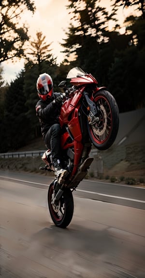 man on a red motorcycle doing a wheelie on a street, 