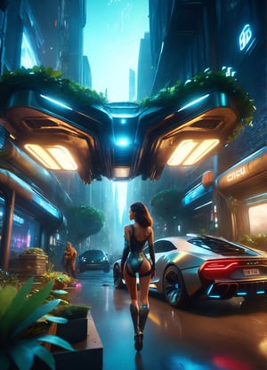 8K, UHD, cinematic, hyper-realistic (1st-person view:1.1) from inside flying car, world where technology and nature intertwine, unsymmetrical messy buildings, city upon city (flying vehicles:1.1) futuristic metropolis, skyscrapers adorned with verdant greenery, people walking in street, holographic billboards floating in the air, neon and bioluminescence, dark night environment, night scenes, atmospheric mist