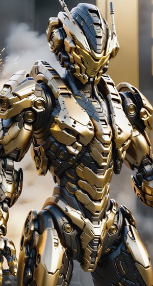 Realistic black and gold combat mecha in an advanced cybernetic suit with cyberpunk technological helmet and visor holding a gun, UHD, masterpiece, ccurate, anatomically correct, textured skin, super detail, best quality, award winning, highres, 4K, 8k, 16k,More Detail,Golden Warrior Mecha,mecha\(hubggirl)\