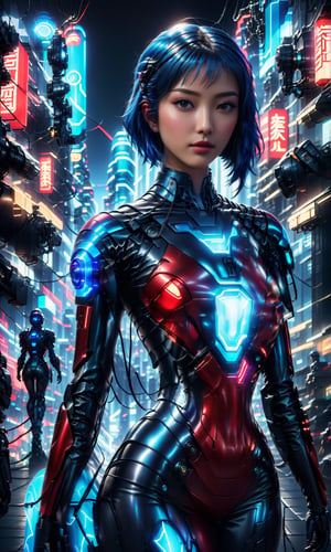 Ghost in the Shell style, image of a Sci-Fi Mecha girl, supermodel, blue short hair, detailed blue eyes , wearing high-tech cyberpunk style blue and black and red with LED highlight mecha body, radiant Glow, metallic suit, mecha, high-tech suit with weapons, neon lit futuristic city streets, mecha,exosuit,more detail XL,Mechanical part,Tech