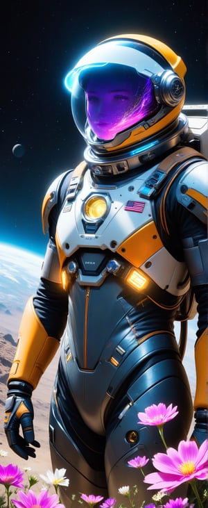 (masterpiece, best quality), (hyper-realistic:1.4), Lenkaizm, 8k, absurd res, high res, (masterpiece:1.4), ultra-detailed,  Envision an astronaut exploring a mysterious planet, wearing transparent space helmet equipped with light visor, neon led line stream on suit, space, cosmos, planet, flower, galaxy
