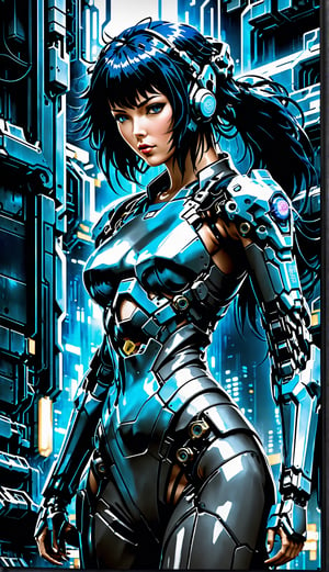 Ghost in the Shell Vol.2, by Luis Duarte, Luis Duarte style, blue and black shading, Neo-Tokyo style, Element Air, Mythpunk, Graphic Interface, Sci-Fic Art, Dark Influence, NijiExpress 3D v3, Kinetic Art, Datanoshing, Oilpainting, Ink v3, Splash style, Abstract Art, Abstract Tech, Cyber Tech Elements, Futuristic, Illustrated v3, Deco Influence, Anime style,mecha