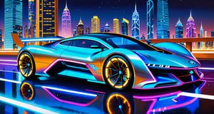 futuristic cyber-age racing. The car has a sleek and futuristic design with a metallic finish that shows intricate lines and is decorated with vibrant neon lights. The tires emit a charming blue electric glow, which increases the dynamic energy of the scene: 1.5. The race car seems to be speeding through the cityscape at night: 1.5, buildings and skyscrapers are illuminated by dazzling lights. This high-definition masterpiece is reminiscent of the best works of art by visionary artists such as Syd Mead, Daniel Simon and Scott Robertson, ((best quality)), ((ultra-detailed))), (masterpiece)), wallpaper ,H effect