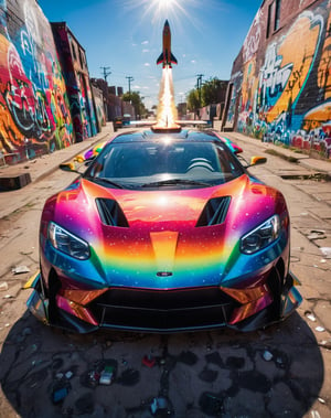 Futuristic cars. Realistic image. Focus. Colorful, Abstract Sunshine Car Futuristic Graffiti Chromatic Rocket, highly detailed, ultra high resolution, detailed, raw photo, (ultra sharp), high detail, Hyperrealism, glowing light, god rays, sparkle, first-person view, Ultra-Wide Angle, Sony FE, best quality, masterpiece, ccurate, textured skin, super detail, high quality, award winning, best quality, highres, 4K, 8k, 16k