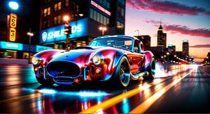 A stunning wide shot captures the sleek red Shelby Cobra Hot Rod in motion, street racing-inspired and bathed in a mesmerizing glow. In front view, the ultra-detailed 8K vector-style rendering showcases the car's futuristic neon lights (full dual color) and black racing wheels, with a dramatic wheelspin effect as it drifts sideways into a turn. The background features a detailed cityscape at dusk, with a galaxy-like sky above. Masterpiece-quality lighting highlights the intricate design of the car, with gradients and glossy reflections adding to its cinematic appeal.