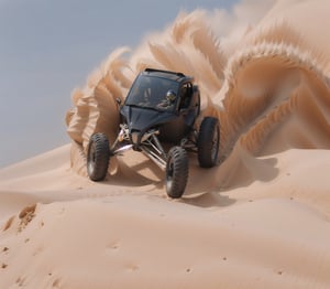 driving through the sand dunes in a desert, on dune, dune, tesla dune buggy, buggy, full of sand and dust, sand dune, off - road, pulling the move'derp banshee ', trophy truck, dune style, dust and sand in the air, octane 8, 