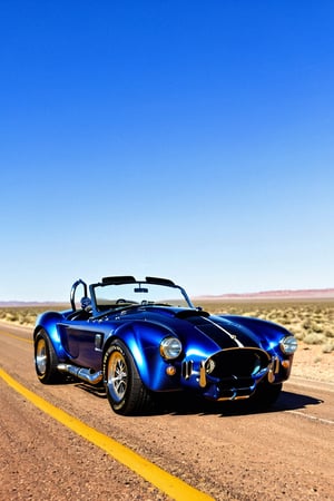 Mustang Shelby cobra, metallic blue, on route 66, high degree of detail, extreme realism, maximum quality,  Movie Still