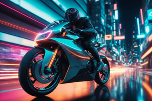 A sleek, futuristic bike with a metallic finish, zooming through a neon-lit cityscape at night.


