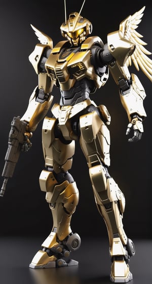 Realistic black and gold combat mecha in an advanced cybernetic suit with wings a cyberpunk technological helmet and visor and holding a gun, UHD, masterpiece, ccurate, anatomically correct, textured skin, super detail, best quality, award winning, highres, 4K, 8k, 16k,More Detail,Golden Warrior Mecha,mecha\(hubggirl)\,mecha_musume,Movie Still