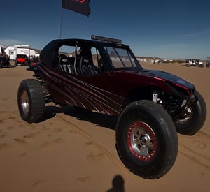 there is a red and black buggy parked in the sand, trophy truck, buggy, detailed wide shot, full view of a car, ultra wide shot, low ultrawide shot, full body wide shot, ultra - wide shot, ultra-wide shot, ultra wide-shot, ultrawide shot, 3 / 4 wide shot