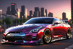 Anime-style GT R street racer wide body kit, neon-lit city, Nissan GTR NISMO, standing still, in a city in the morning, masterpiece, best quality, high quality, realistic lighting, cinematic lighting, high resolution, sharp, in focus, (intricate details:0.9), (hdr, hyperdetailed:1.2)