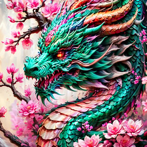 a close up of a dragon with a flowered tree in the background, cyan chinese dragon fantasy, majestic japanese dragon, ultra detailed color art, digital art. highly detailed, dragon art, highly detailed digital artwork, highly detailed and colored, bright colors highly detailed, 4 k highly detailed art, colossal dragon as background, highly detailed digital art, over detailed art