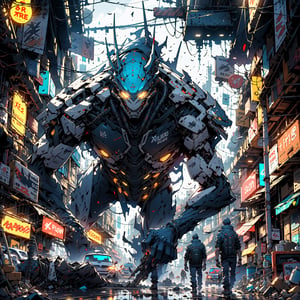 "Creepy and intense alien invasion scene set in a cyberpunk city with dark atmosphere, dramatic lighting, and intense action. Show powerful extraterrestrial creatures, advanced technology, destroyed cityscape, and a sense of imminent danger. 