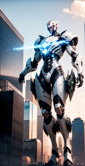 best quality, 32k, RAW photo, incredibly absurdres, extremely detailed, delicate texture, gigantic mechanical warrior 50 meters tall, streamlined body with shiny chrome plating and iridescent jet black parts, background destroyed city, delicate, flashy and dynamic depiction, 3D