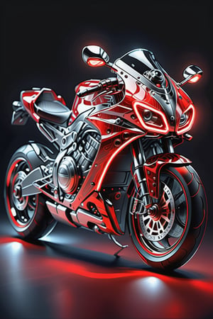 Masterpiece, ultra-definition, super detailed, perfect drawing, 1  transparent SPORT race motocycle with headlight on white lights , Colored red, silver and black carbonfiber, Industrial design, clean, Luminous neon lit,  red background, Surrealism, UHD, high details, best quality, 2K