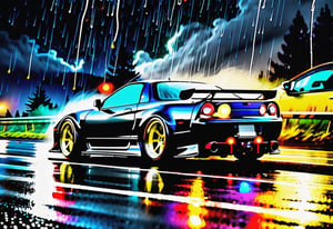 Race cars in a high speed street race (best quality,4k,8k,highres,masterpiece:1.2),ultra-detailed, ((a customized car)), ((street racer)), ((a beautiful paintjob)), ((fully detailed)), illustration, vivid colors, GTR, NSX,  Drifting, going fast, night, bright yellow headlights,setting USA Oregon's Mountain roads, No text on signs, Late night time dark skys filled with moonlight and bright stars,1 car.,Nature,modelshoot style, Fast action style, Sideways drifting in to a turn, gray and black cars, Set in a rain storm with lightning,