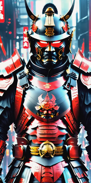 Create a man in futuristix samurai armor, metalic Black with blood red highlights, full nano suit , holding plasma katana, background of old tokyo, dark rainy day, highly detailed.,Movie Still,oni style,DonMPl4sm4T3chXL ,DonMCyb3rN3cr0XL 