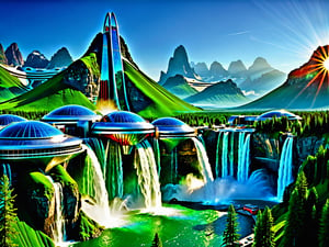 Masterpiece, photorealistic, futuristic sci fi town, futuristic buildings, sci fi architecture, rich colors, saturated colors, vibrant colors, fantastic rising sun, green and blue colors, waterfall, summer natute, mountains, green trees,  nature photography,High detailed ,photorealistic, perfect, more detai, Nature,FFIXBG,Movie Still