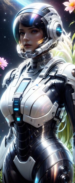 (masterpiece, best quality), (hyper-realistic:1.4), Lenkaizm, 8k, absurd res, high res, (masterpiece:1.4), ultra-detailed,  Envision an astronaut exploring a mysterious planet, wearing transparent space helmet equipped with light visor, neon led line stream on suit, space, cosmos, planet, flower, galaxy,chrometech,KA,Tech