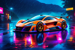 (digital artwork), EV Super car, wide body kit, modified car, racing livery, raining masterpiece, best quality, realistic, ultra highres, depth of field, (full dual colour neon lights:1.2), (hard dual colour lighting:1.4), (detailed background), (masterpiece:1.2), (ultra detailed), (best quality), intricate, comprehensive cinematic, magical photography, (gradients), colorful, detailed landscape, visual key,