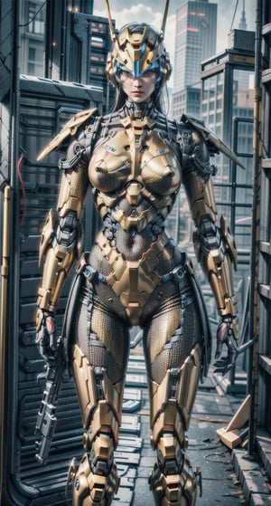 Realistic black and gold combat mecha in an advanced cybernetic suit with cyberpunk technological helmet and visor holding a gun, UHD, masterpiece, ccurate, anatomically correct, textured skin, super detail, best quality, award winning, highres, 4K, 8k, 16k,More Detail,Golden Warrior Mecha