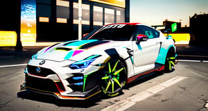 Anime-style GT R street racer wide body kit, neon-lit city, 2024 Nissan GTR NISMO race livery wide body kit, standing still, in a city in the morning, masterpiece, best quality, high quality, realistic lighting, cinematic lighting, high resolution, sharp, in focus, (intricate details:0.9), (hdr, hyperdetailed:1.2),Car