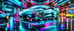 A holographic display of a side view of  a brightly lit sports car in a neon garage with neon signs, neon digital art, neon lit, neon art style, stylized neon, colorized neon lights, bold lamborghini style, glowing neon, neon lightning, futuristic neon, wallpaper 4k, wallpaper 4 k, glow of neon lights, neon volumetric lights, neon art, neon glowing, hyper colorful, neon outline