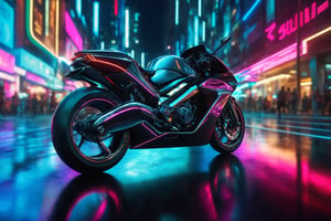 A sleek, futuristic bike with a metallic finish, zooming through a neon-lit cityscape at night.


