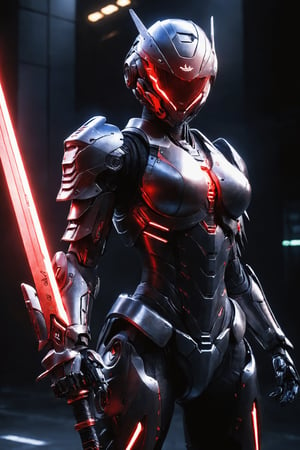 (ultra realistic,best quality),photorealistic,Extremely Realistic, in depth, cinematic light,mecha\(hubggirl)\,

a female robot soldier, holding two glowing red swords with both hands, dynamic poses, dark background,

particle effects, perfect hands, perfect lighting, vibrant colors, 
intricate details, high detailed skin, 
intricate background, realism, realistic, raw, analog, taken by Canon EOS,SIGMA Art Lens 35mm F1.4,ISO 200 Shutter Speed 2000,Vivid picture,