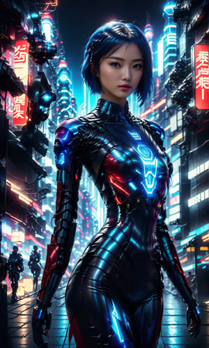 Ghost in the Shell style, image of a Sci-Fi Mecha girl, supermodel, blue short hair, detailed blue eyes , wearing high-tech cyberpunk style blue and black and red with LED highlight mecha body, radiant Glow, metallic suit, mecha, high-tech suit with weapons, neon lit futuristic city streets, mecha,exosuit,more detail XL,Mechanical part,Tech