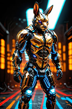 "Imagine a rabbit clad in a formidable combat exoskeleton suit colors Black and Gold, exuding an aura of strength and power. Despite its fluffy exterior, the suit adds a sense of bulk and weight to its form, emphasizing its formidable presence. With glowing visors and reinforced armor plating, the rabbit exudes an air of readiness for battle, ready to face any challenge with determination and resolve.",Animal Verse Ultrarealistic ,circuitboard