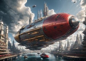 A futuristic dystopian scene with a large oval-shaped spaceship dominating the center. The spaceship has an red-black metallic surface, .The surrounding buildings are tall, densely packed, Silver and gold. look new, The sk is dominated by blue and white clouds . A small boats move slowly in the water below the dirigible, ROBOT,Indoor