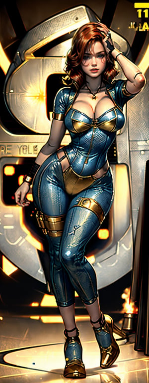 (masterpiece, best quality, realistic), full body, wide shot, 1girl, (Fallout 4 Vault girl), vault tec, sexy girl, beautiful, long full red hair, smiling with closed mouth, (body tight jumpsuit), (deep blue jumpsuit with golden details from vault 111) (jumpsuit with long sleaves and frontal zipper, no cutouts), combat boots, pipboy on wrist, (vault girl), vault 111, ((curvy body)) defined body, good curves, good lighting, very detailed face, eyes highly detailed, random sexy pose, fallout,falloutPinUP,hourglass body shape