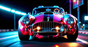 wide shot front view,(masterpiece, best quality, ultra-detailed, 8K), vector style, 50s retro style with modern neon aspect, red  Shelby cobra Hot Rod, street racing inspired, LED, ((Twin headlights)),  (Black racing wheels), Wheelspin showing motion, Show car in motion, Burnout, masterpiece, best quality, realistic, ultra highres, (((depth of field))), (full dual colour neon lights:1.2), (hard dual color lighting:1.4), (detailed background), (masterpiece:1.2), (ultra detailed), (best quality), intricate, comprehensive cinematic, magical photography, (gradients), glossy, Night with galaxy sky, Fast action style, Sideways drifting in to a turn,  aesthetic,intricate, realistic,cinematic lighting, Neon Art,car,Car