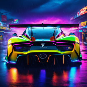 (digital artwork), EV Super car, wide body kit, modified car, racing livery, raining masterpiece, best quality, realistic, ultra highres, depth of field, (full dual colour neon lights:1.2), (hard dual colour lighting:1.4), (detailed background), (masterpiece:1.2), (ultra detailed), (best quality), intricate, comprehensive cinematic, magical photography, (gradients), colorful, detailed landscape, visual key,