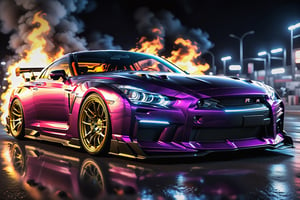 Anime-style GT R street racer wide body kit, neon-lit city, fast cars, drifting, adrenaline-fueled action, intense concentration, midnight speed,Movie Still,fire element,c_car