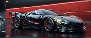 a close up of a car on a wet road with a red background, honda nsx, hyper real render, it has a red and black paint, render of futuristic supercar, with sleek lines and a powerful, ultra render, concept art. 8 k, daniel maidman octane rendering, hyper realistic render, mclaren, artistic render, concept car design,Car