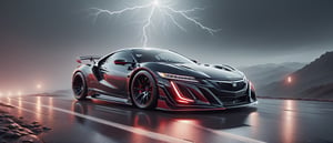 Ultra wide photorealistic image. Image created for the calendar. A luxury sports car, Honda NSX chrometech, red and black mecha, futuristic Race car with wide body kit and raceing strip race livery, Street racing other cars like it, car racing down moutain roads at night in the rain, Lightning stars large Moon with a red tint, Surrealism, Realism, Hyperrealism, sparkle, cinematic lighting, reflection light, ray tracing, speed lines, motion lines, first-person view, Ultra-Wide Angle, Sony FE, depth of field, masterpiece, ccurate, textured skin, super detail, high details, best quality, award winning, highres, 4K, 8k, 16k,H effect