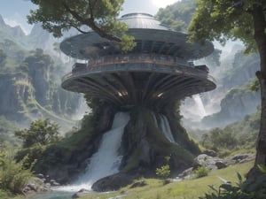 Masterpiece, photorealistic, futuristic sci fi town, futuristic buildings, sci fi architecture, rich colors, saturated colors, vibrant colors, fantastic rising sun, green and blue colors, waterfall, summer natute, mountains, green trees,  nature photography,High detailed ,photorealistic, perfect, more detai, Nature,FFIXBG