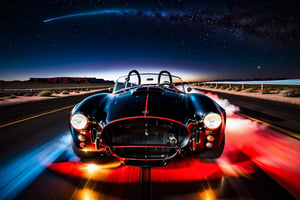 Mustang Shelby cobra, metallic black and red, on route 66 at night moon and stars shining in the black of night racing , high degree of detail, extreme realism, maximum quality, Movie Still, Realism, glowing light, cinematic lighting, sparkle, first-person view, Ultra-Wide Angle, Sony FE, masterpiece, ccurate, super detail, high quality, award winning, highres, 4K, 8k, 16k