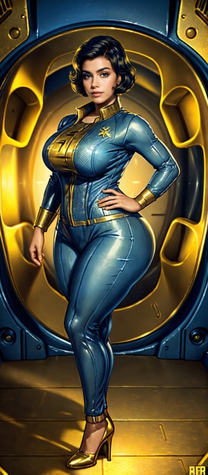 (masterpiece, best quality, realistic), beautiful hourglass body, wide shot, 1girl, (Fallout 4 Vault girl), vault tec, sexy girl, beautiful, short blonde hair, smiling with closed mouth, (body tight jumpsuit), (deep blue jumpsuit with golden details from vault 111) (jumpsuit with long sleaves and frontal zipper, no_cutouts), combat boots, pipboy on wrist, (vault girl), vault 111, ((curvy body)) defined body, long legs, good lighting, very detailed face, eyes highly detailed, random sexy pose, fallout,falloutPinUP