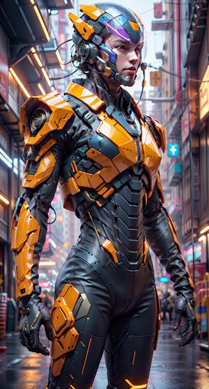 Realistic black and gold combat mecha in an advanced cybernetic suit with cyberpunk technological helmet and visor holding a gun, UHD, masterpiece, ccurate, anatomically correct, textured skin, super detail, best quality, award winning, highres, 4K, 8k, 16k