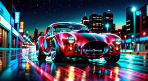 Here's your masterpiece prompt:

A stunning wide shot captures the sleek red Shelby Cobra Hot Rod in motion, street racing-inspired and bathed in a mesmerizing glow. In front view, the ultra-detailed 8K vector-style rendering showcases the car's futuristic neon lights (full dual color) and black racing wheels, with a dramatic wheelspin effect as it drifts sideways into a turn. The background features a detailed cityscape at dusk, with a galaxy-like sky above. Masterpiece-quality lighting highlights the intricate design of the car, with gradients and glossy reflections adding to its cinematic appeal.