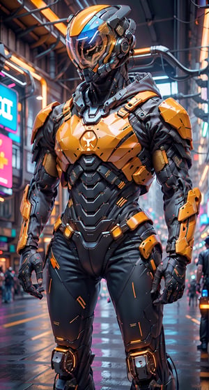 Realistic black and gold combat mecha in an advanced cybernetic suit with cyberpunk technological helmet and visor holding a pistole
,Mecha