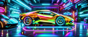 A holographic display of a side view of  a brightly lit sports car in a neon garage with neon signs, neon digital art, neon lit, neon art style, stylized neon, colorized neon lights, bold lamborghini style, glowing neon, neon lightning, futuristic neon, wallpaper 4k, wallpaper 4 k, glow of neon lights, neon volumetric lights, neon art, neon glowing, hyper colorful, neon outline