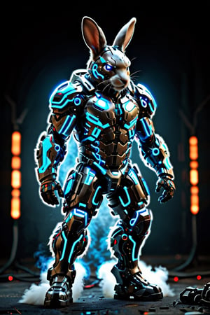 "Imagine a rabbit clad in a formidable combat exoskeleton suit, exuding an aura of strength and power. Despite its fluffy exterior, the suit adds a sense of bulk and weight to its form, emphasizing its formidable presence. With glowing visors and reinforced armor plating, the rabbit exudes an air of readiness for battle, ready to face any challenge with determination and resolve.",Animal Verse Ultrarealistic ,circuitboard