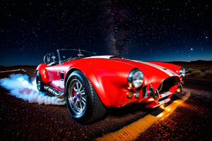 Mustang Shelby cobra, metallic red, on route 66 at night moon and stars shining in the black of night, high degree of detail, extreme realism, maximum quality, Movie Still, Realism, glowing light, cinematic lighting, sparkle, first-person view, Ultra-Wide Angle, Sony FE, masterpiece, ccurate, super detail, high quality, award winning, highres, 4K, 8k, 16k