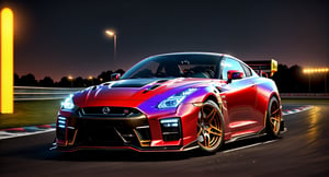 Cyberpunk styled, (detailed), 2024 Nissan GTR NISMO black and red, red neon  under body lighting, with racelivery and wide body kit, race track, burnout, realistic lighting, high resolution, sharp, in focus, (intricate details 0.9), (hdr, hyperdetailed 1.2), cinematic lighting, sparkle, glowing light, Hyperrealism, Ultra-Wide Angle, Canon, first-person view, from side, sparkle, glowing light, ((best quality)), ((masterpiece)), masterpiece, best quality, high quality, highres, 4K, 8k, 16k,Car